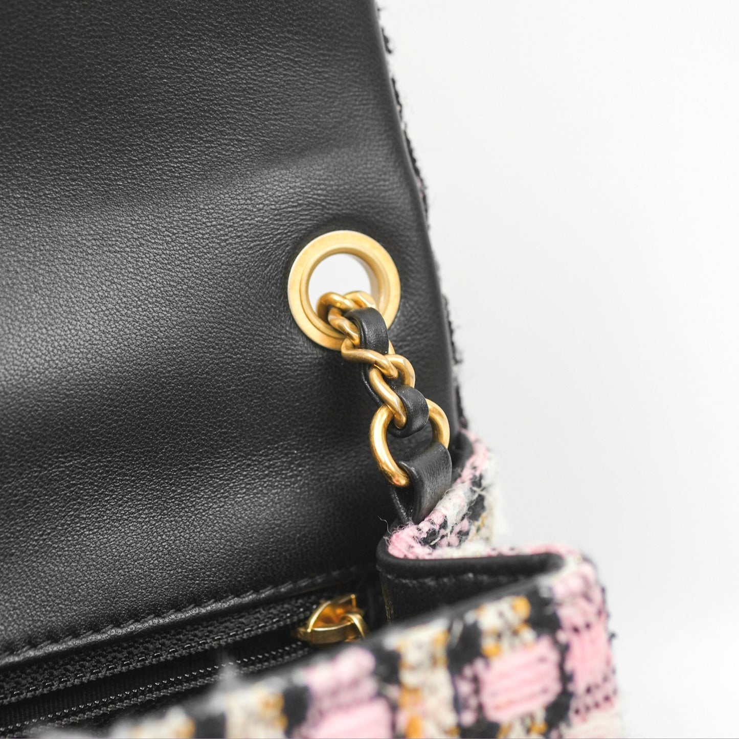 Chanel Pearl Crush Mini Square Quilted Pink Tweed Aged Gold Hardware