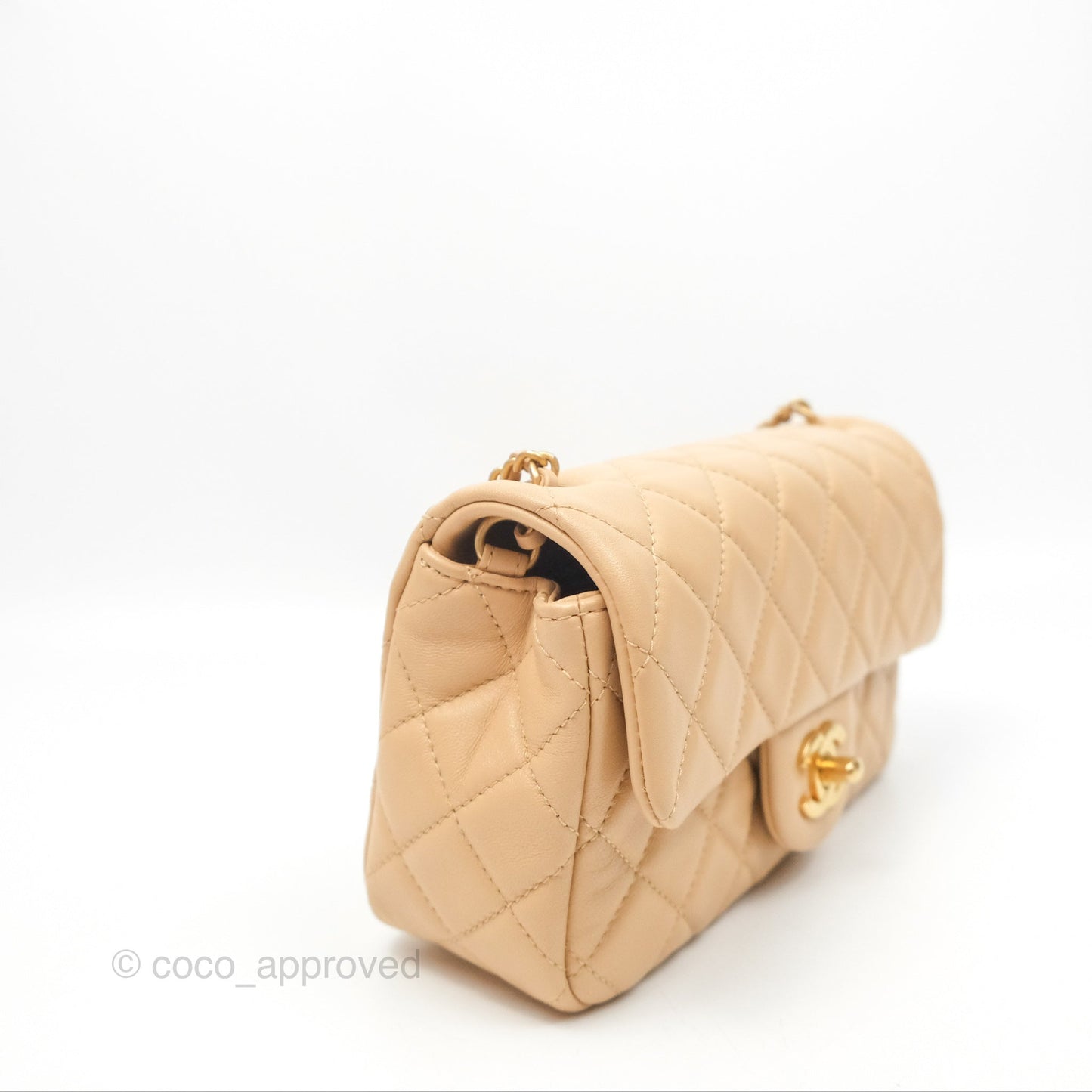 Chanel Pearl Crush Mini Rectangular Beige Lambskin Aged Gold Hardware