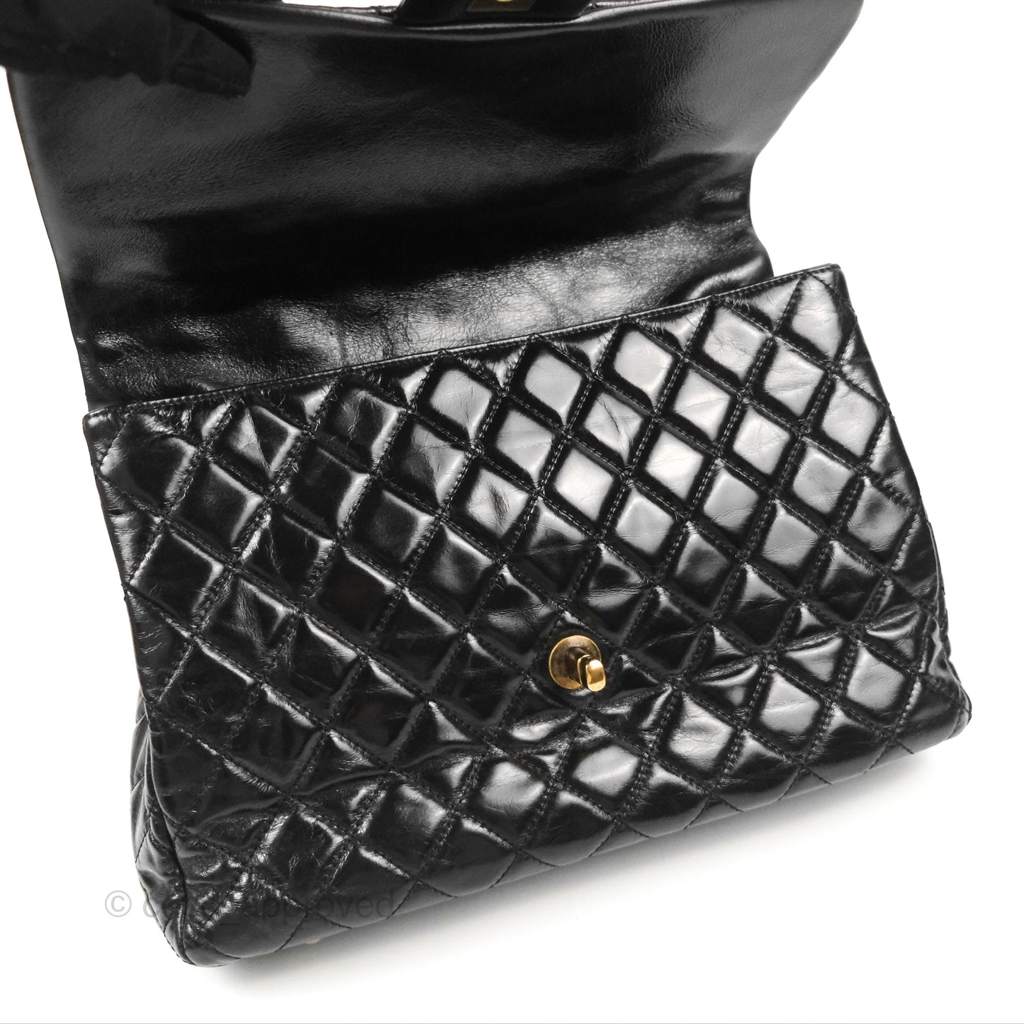 Chanel Large Castle Rock Flap Bag Black Glazed Aged Calfskin Burgundy Handle