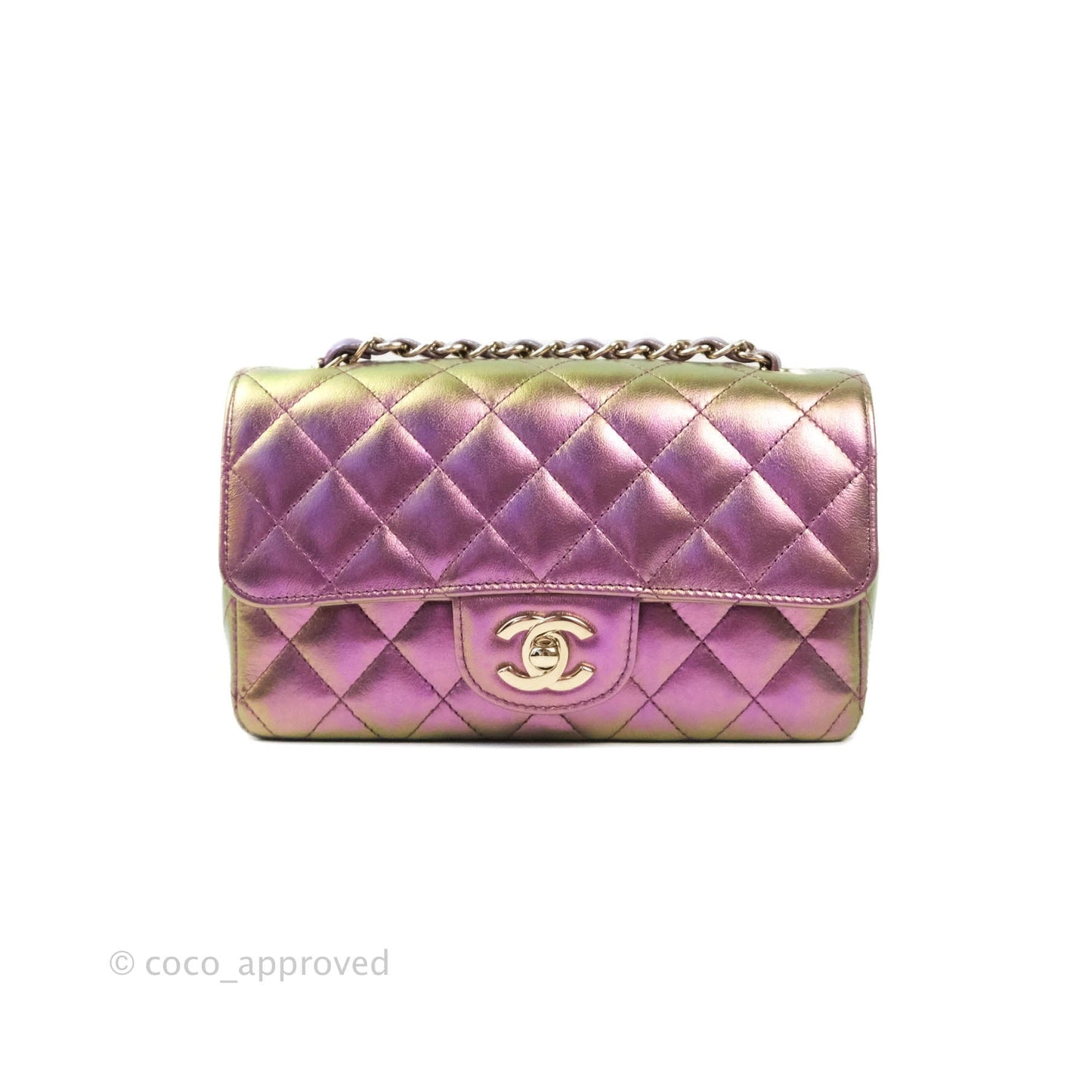 Chanel Classic Quilted Mini Rectangular Flap Metallic Purple Calfskin Gold Hardware