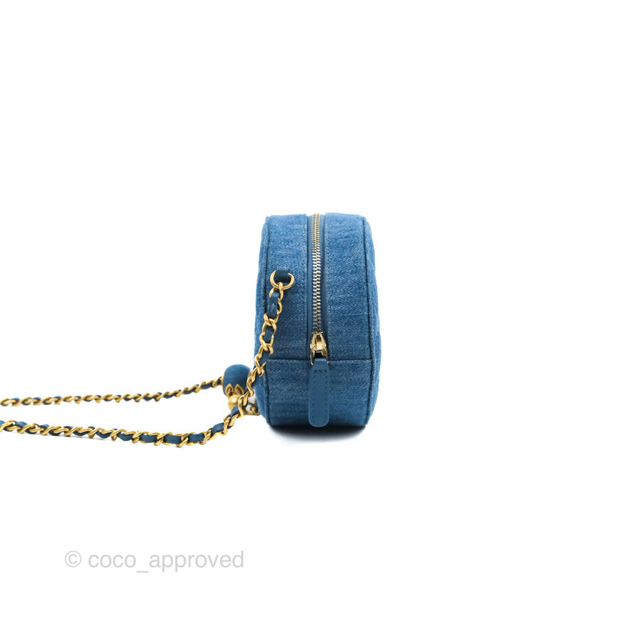Chanel Quilted Pearl Crush Round Clutch With Chain Denim Aged Gold Hardware