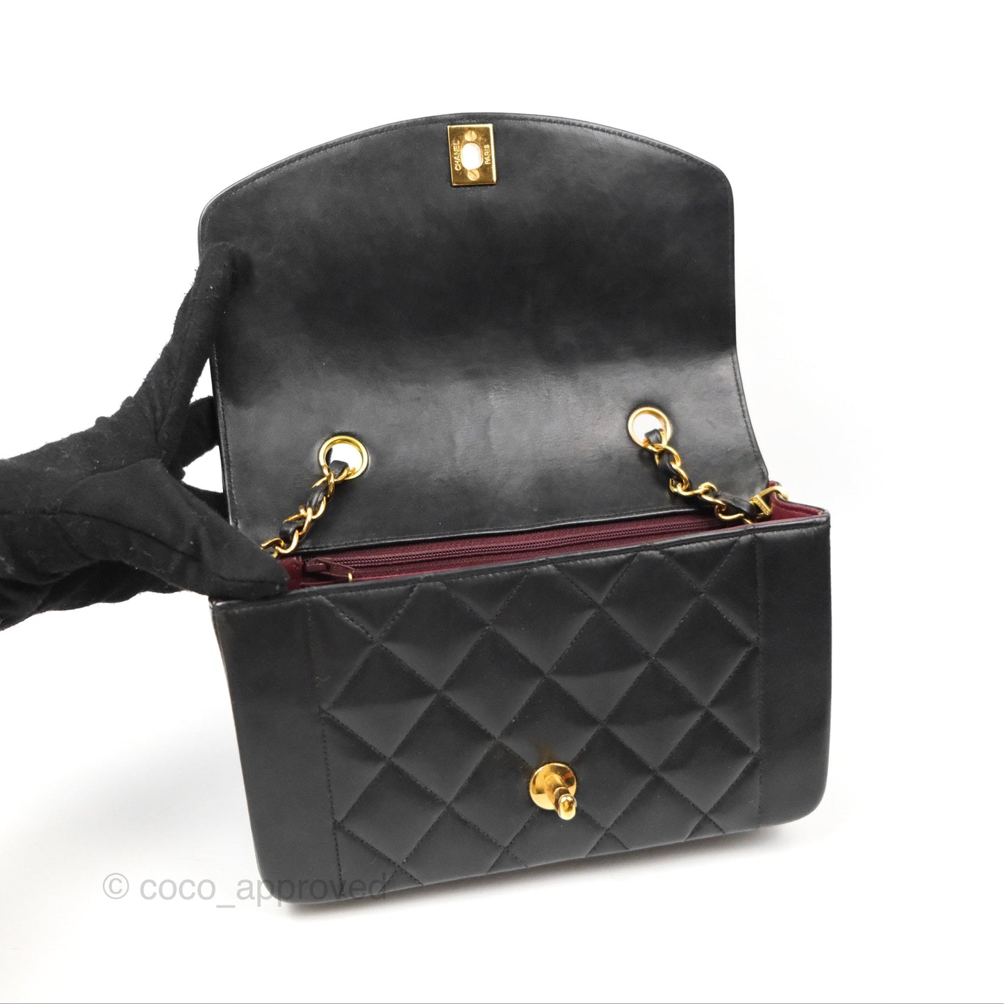 Chanel Vintage Small Quilted Classic Diana Flap Bag Black Lambskin 24K Gold Hardware