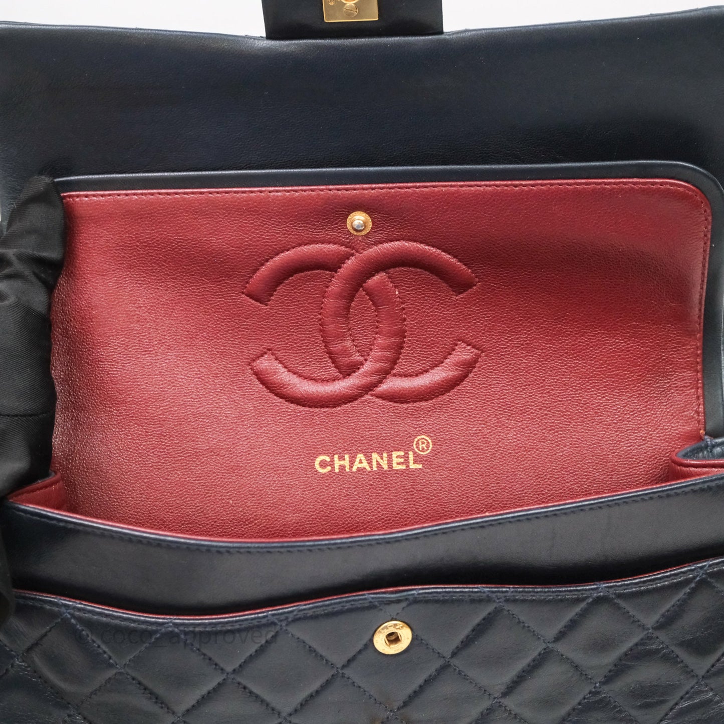 Chanel Vintage M/L Lambskin Medium Double Flap Bag Navy 24K Gold Hardware