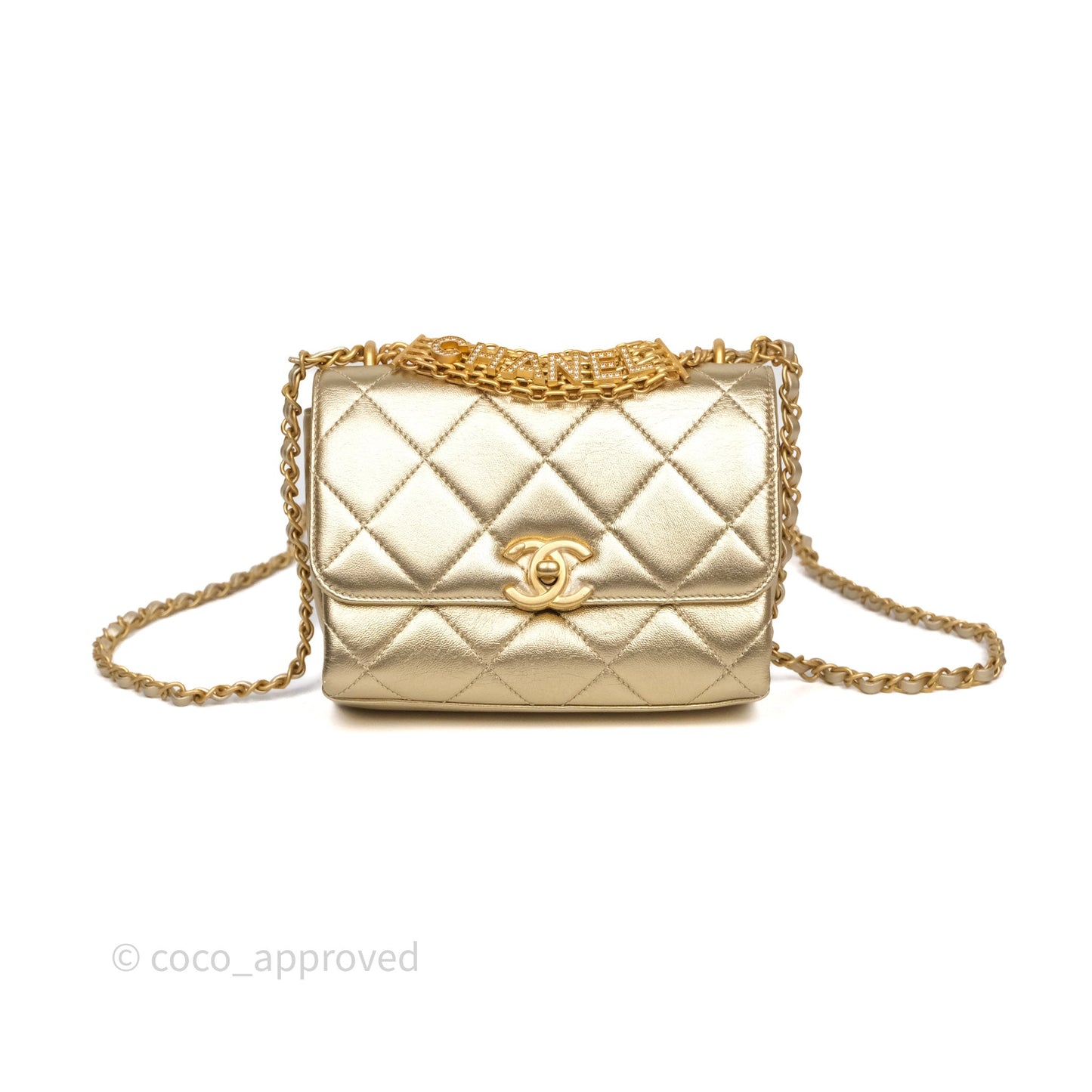 Chanel Mini Crystal Logo Handle Flap Bag Metallic Gold Lambskin 22S