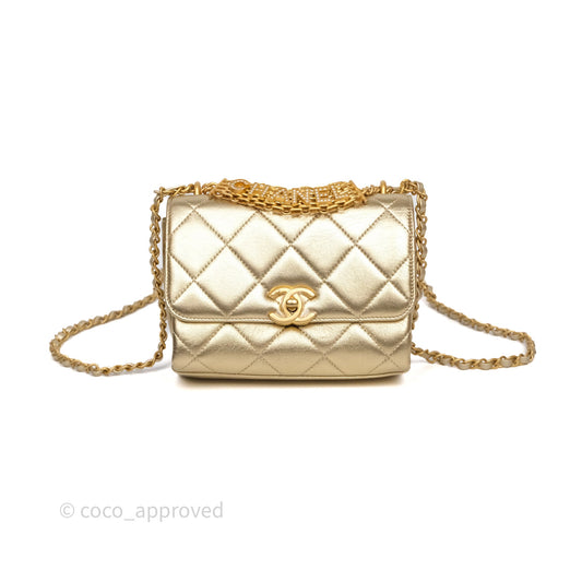 Chanel Mini Crystal Logo Handle Flap Bag Metallic Gold Lambskin 22S