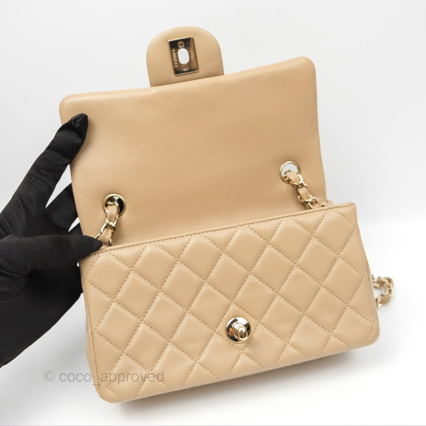 Chanel Mini Rectangular Quilted Beige Lambskin Gold Hardware