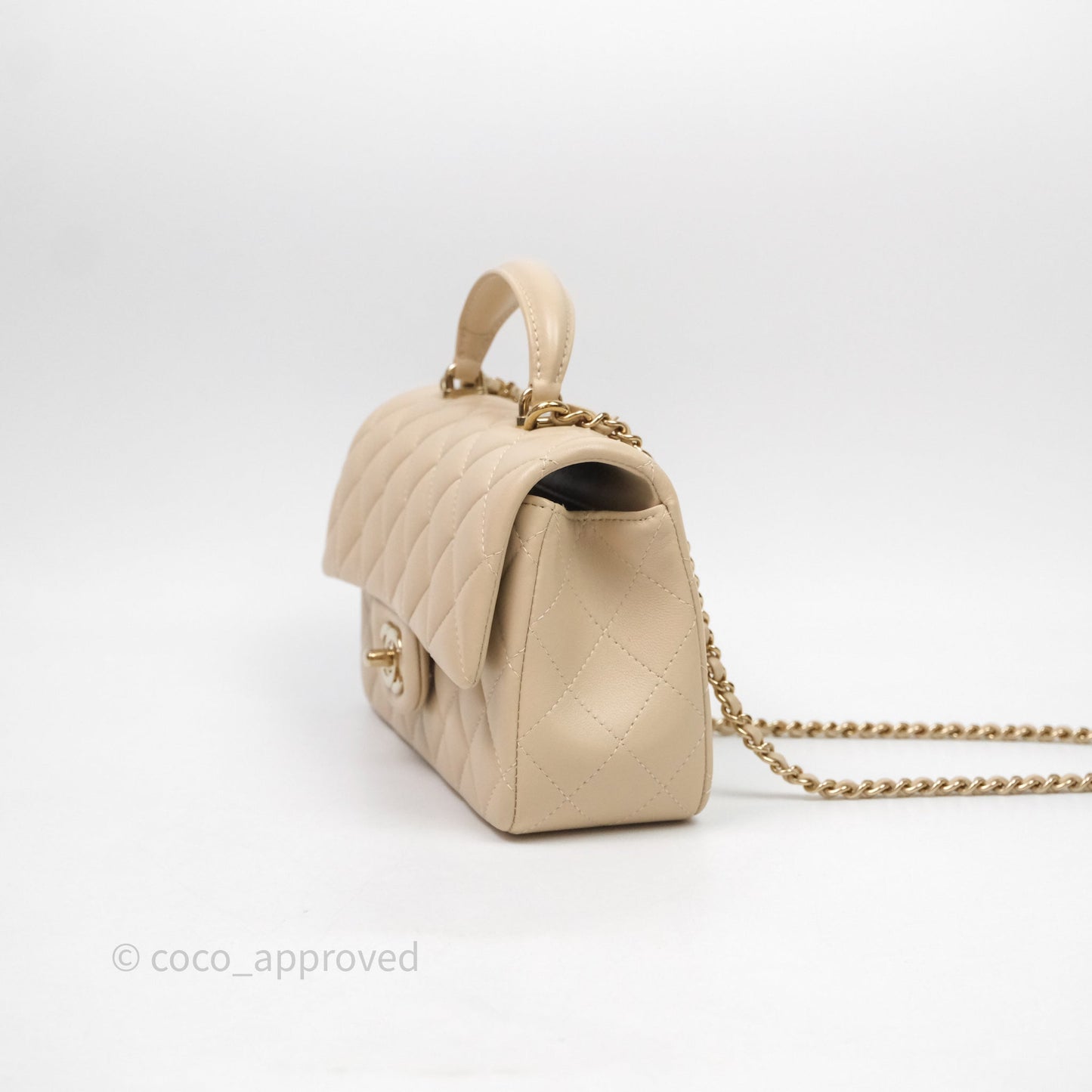 Chanel Top Handle Mini Rectangular Flap Beige Lambskin Shiny Gold Hardware