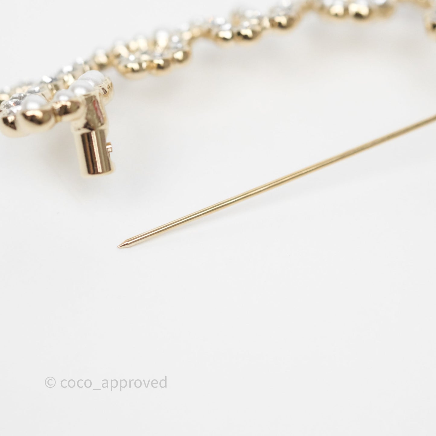 Chanel Logo Pearl Crystal Brooch Gold Tone 20V