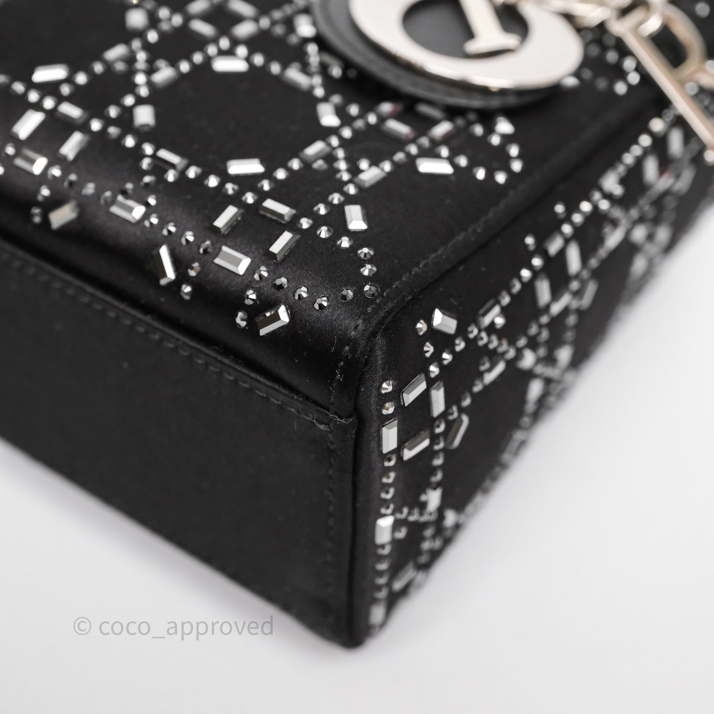Christian Dior Mini Lady Dior Bag Black Strass Cannage Satin Silver Hardware