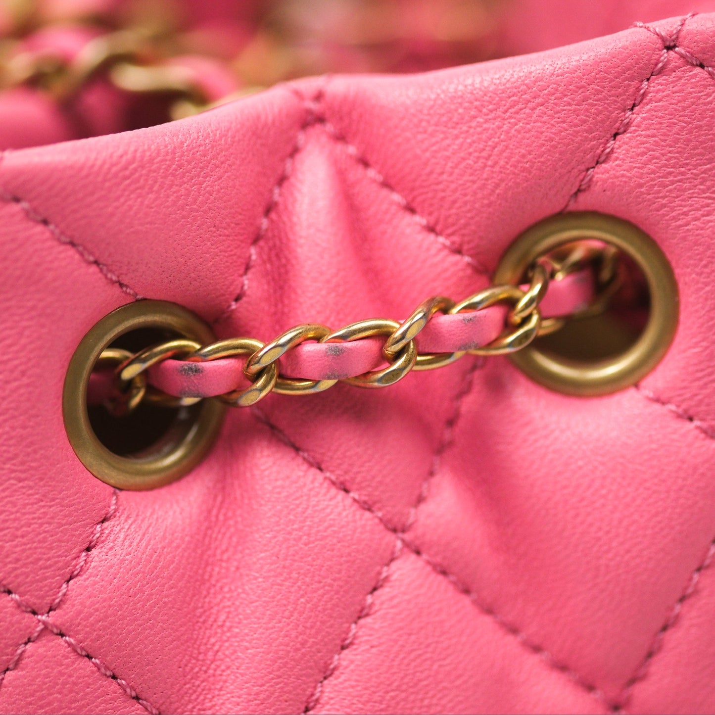 Chanel Pearl Crush Drawstring Bucket Bag Pink Lambskin Aged Gold Hardware