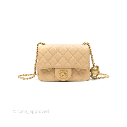 Chanel Pearl Crush Mini Square Quilted Beige Lambskin Aged Gold Hardware