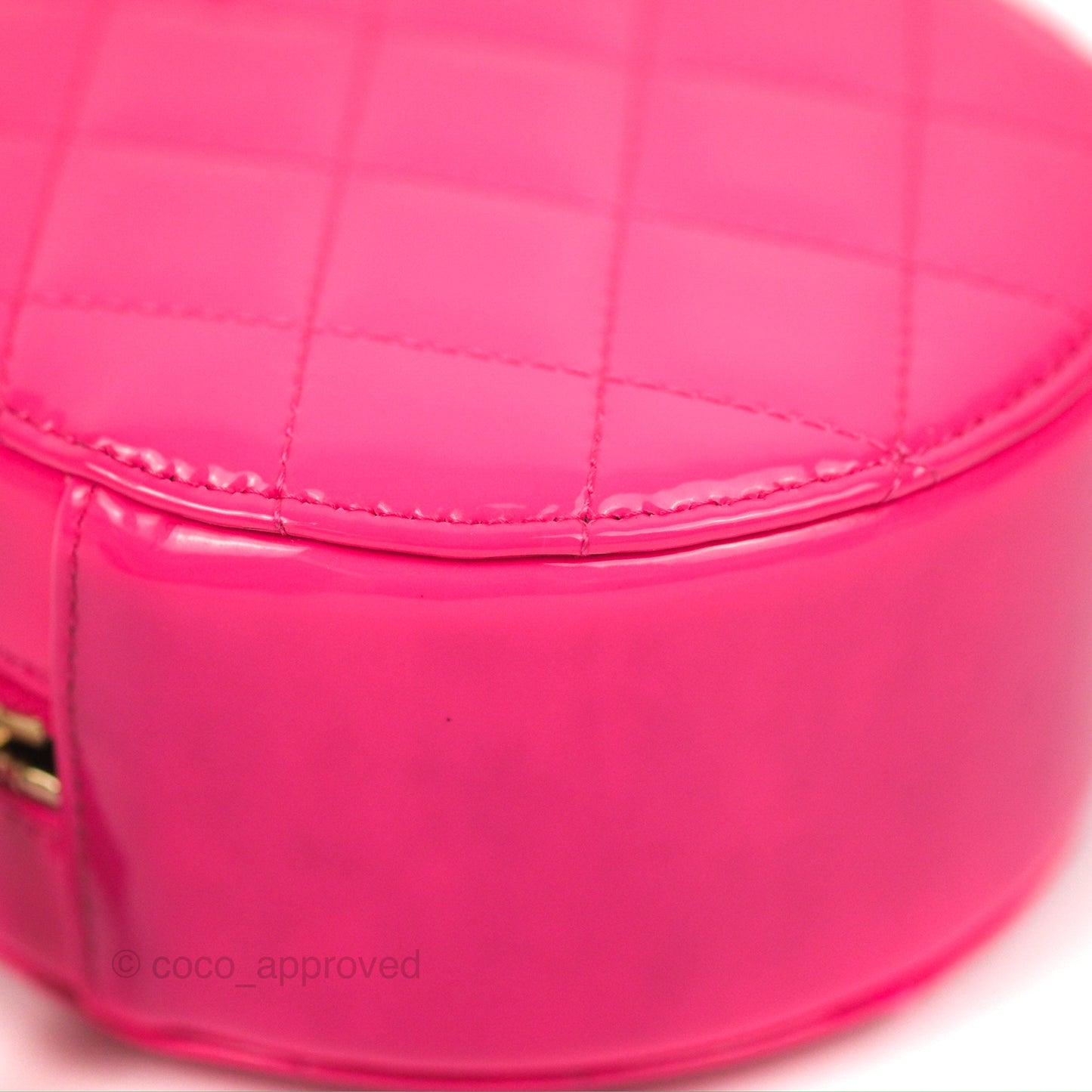 Chanel Classic Quilted Round Clutch Neon Pink Patent Gold Hardware