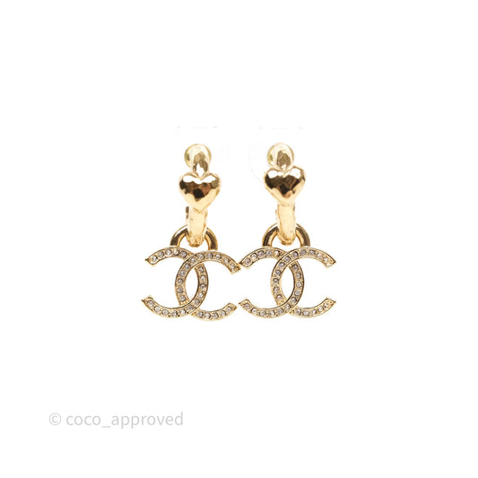 Chanel Heart Crystal CC Drop Hoop Earrings Gold Tone 23P
