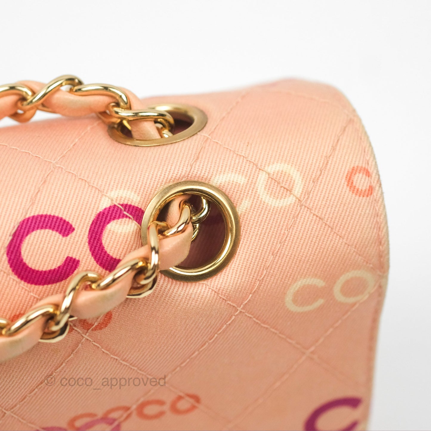 Chanel Coco Logo Medium Classic Flap Quilted Coral Pink Canvas Gold Hardware