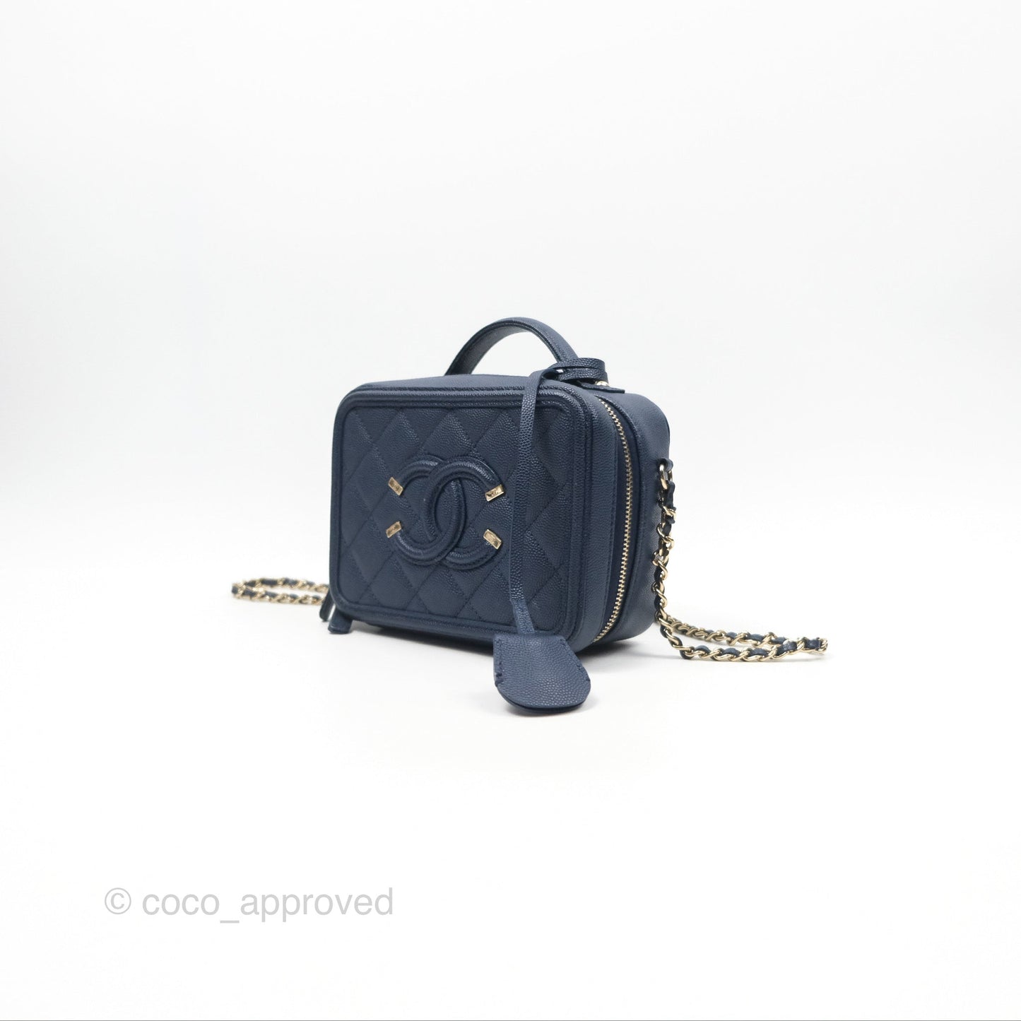 Chanel Quilted Small CC Filigree Vanity Case Navy Caviar Gold Hardware