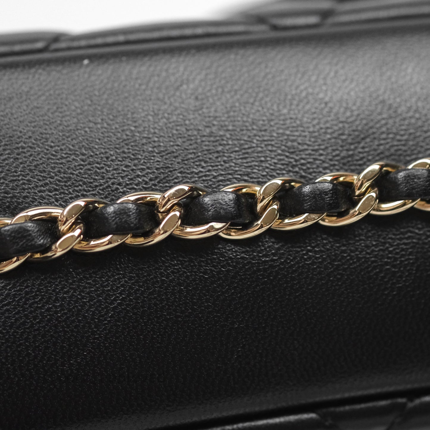 Chanel Logo Pearl Chain Flap Bag Black Lambskin Gold Hardware