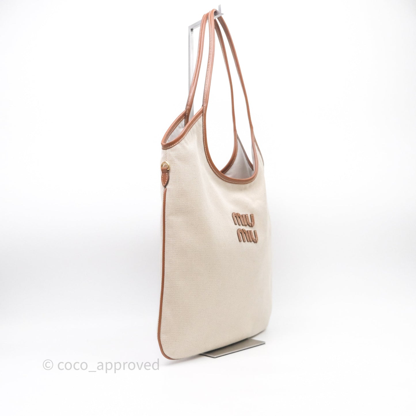 Miu Miu Ivy Tote Bag Canvas Beige/Brandy