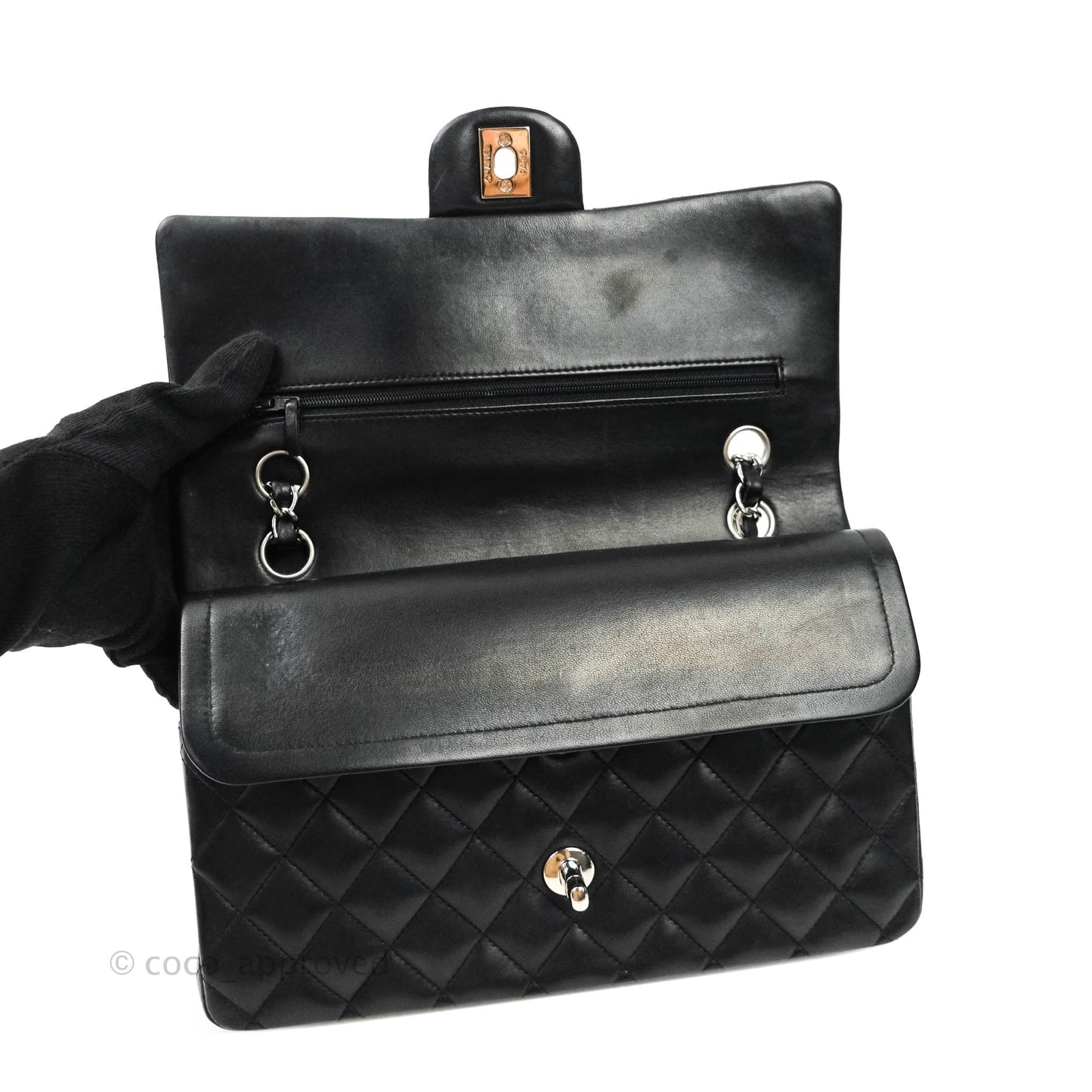 Chanel Classic M/L Medium Double Flap Black Lambskin Silver Hardware