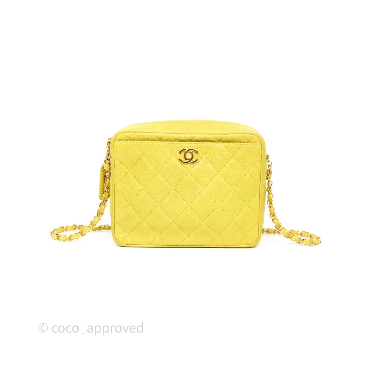 Chanel Vintage Quilted Camera Bag Green Yellow Caviar Gold Hardware