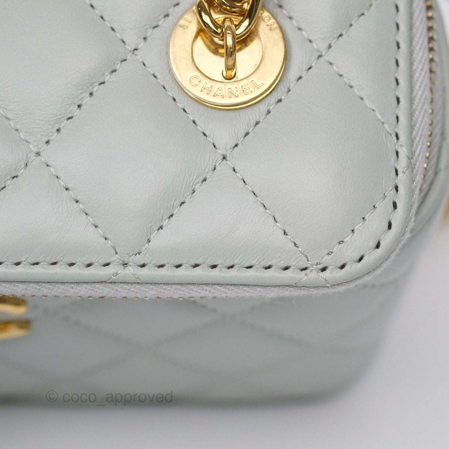 Chanel Quilted Vanity Rectangular with Chain Grey Blue Lambskin Gold Hardware