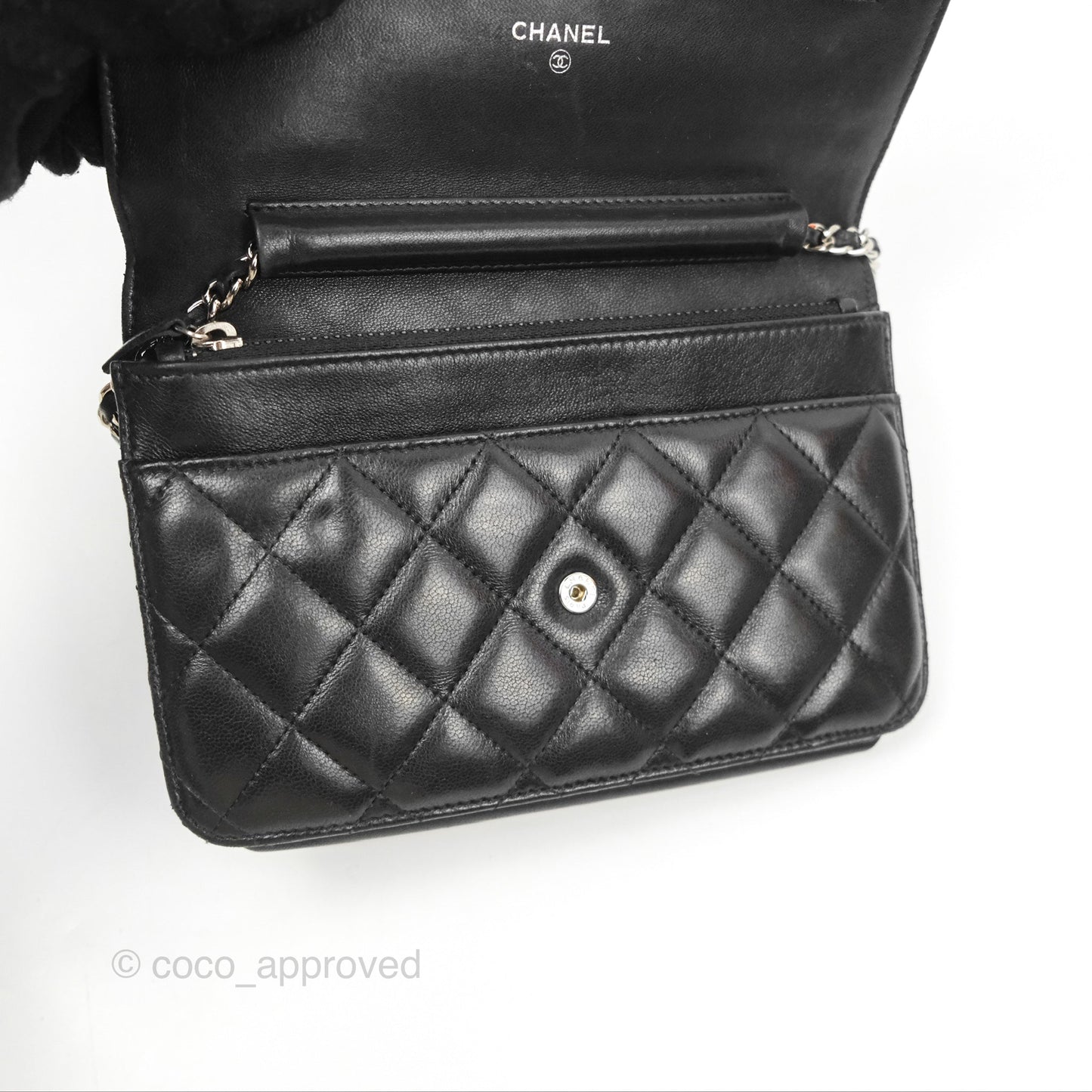 Chanel Quilted Classic Wallet On Chain WOC Black Lambskin Silver Hardware