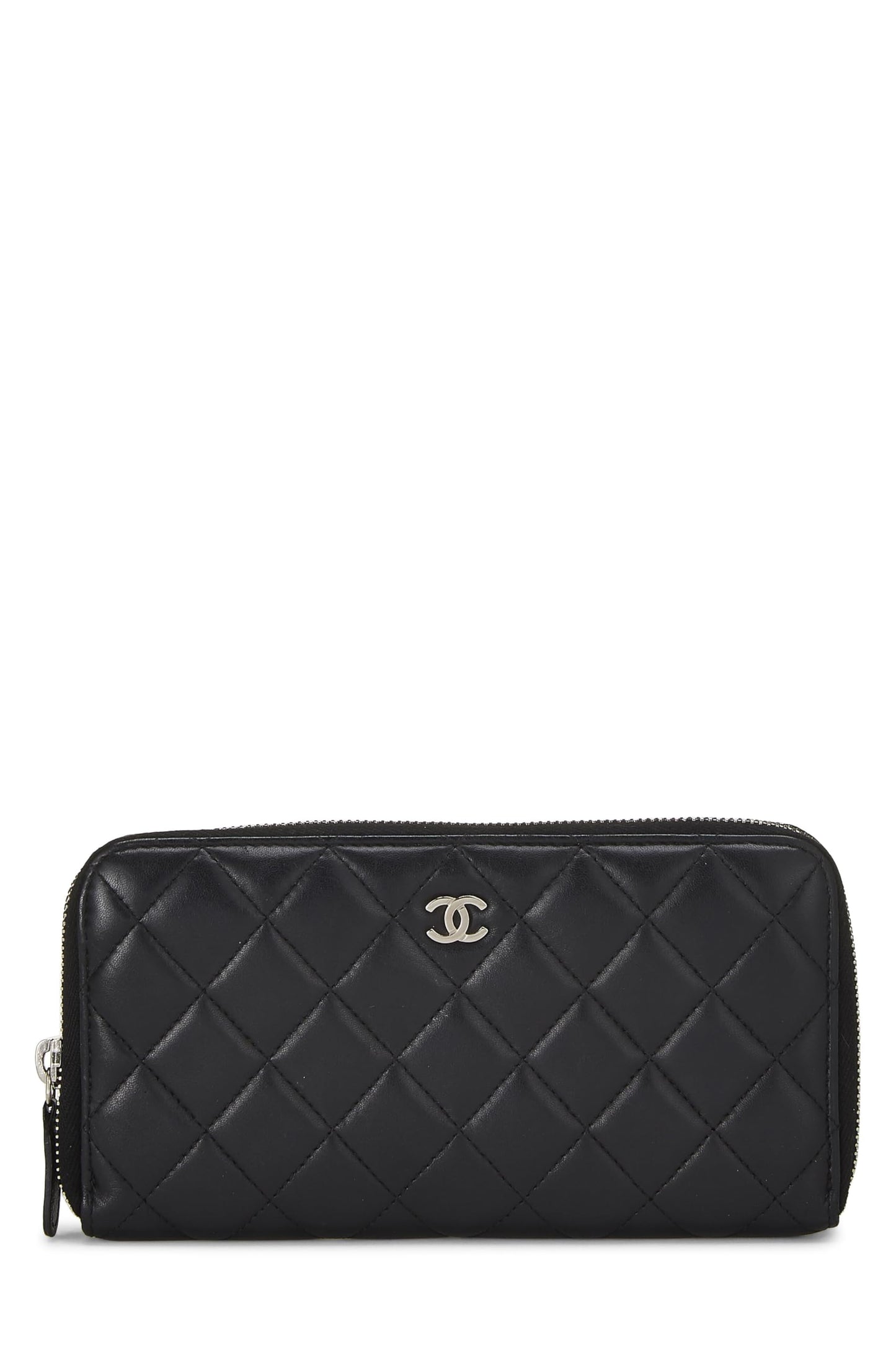 Chanel,  Black Quilted Lambskin Zip Around Wallet, Black
