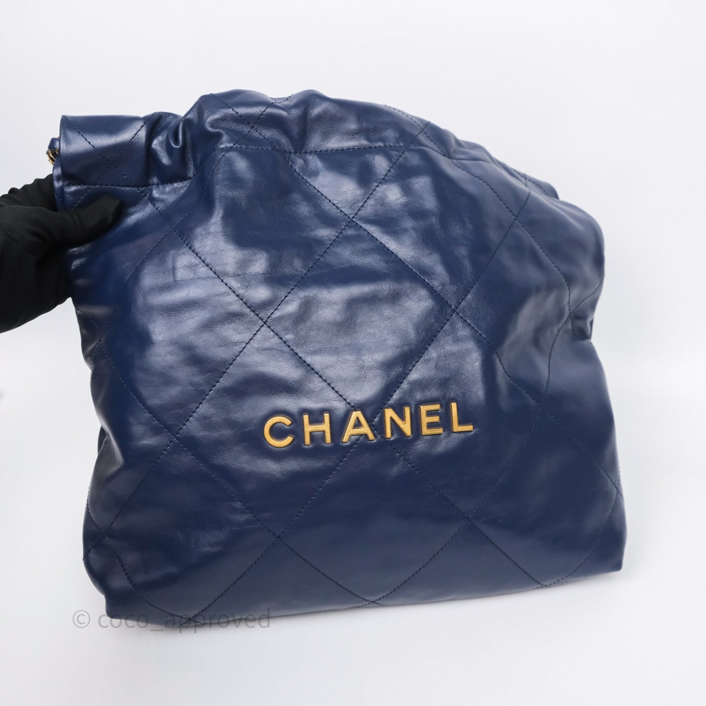 Chanel 22 Small Blue Shiny Calfskin Aged Gold Hardware
