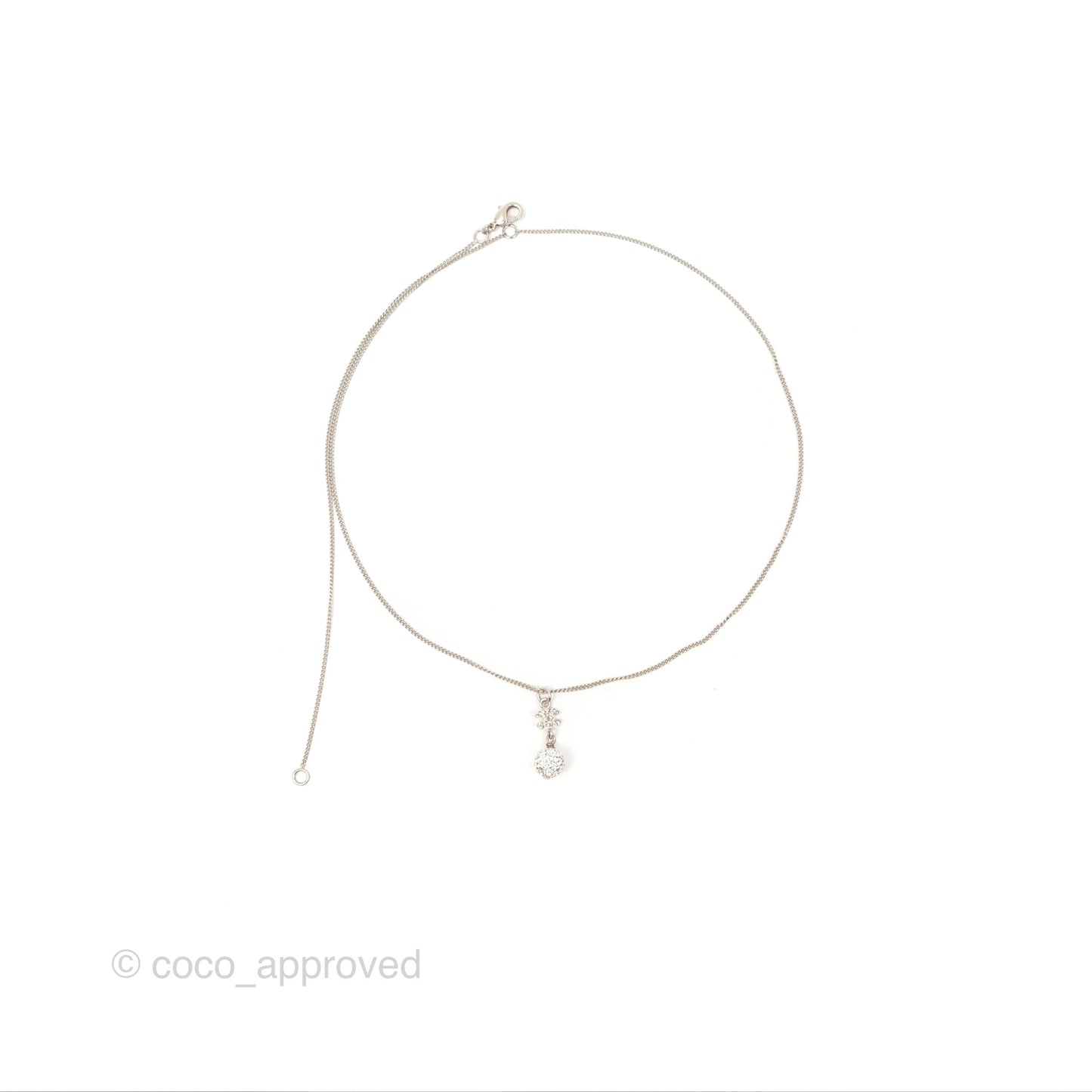 Chanel Crystal CC Pearl Drop Necklace Silver Tone 11P
