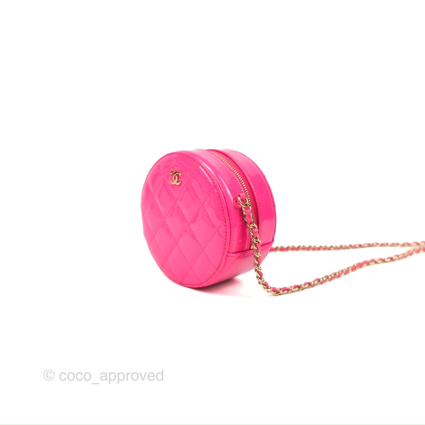 Chanel Classic Quilted Round Clutch Neon Pink Patent Gold Hardware