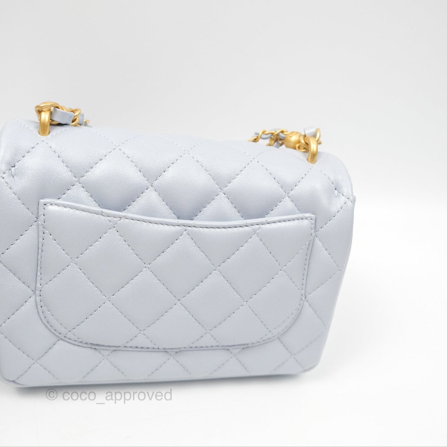 Chanel Mini Flap Bag with Pearl Chain Pearly Light Blue Lambskin Aged Gold Hardware 24P