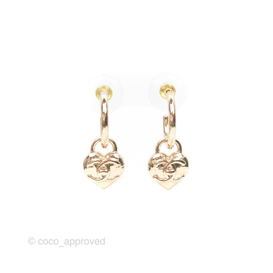 Chanel Heart CC Drop Hoop Earrings Gold Tone 23V