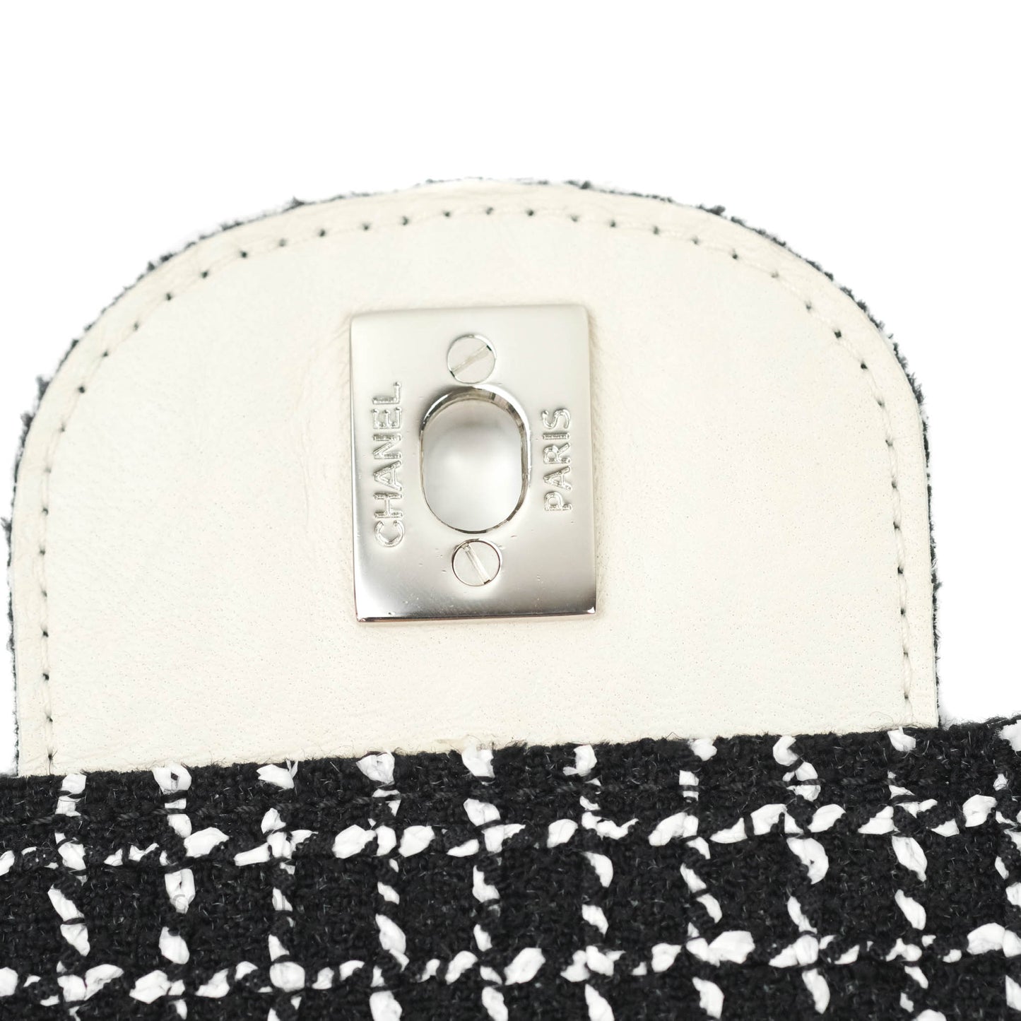 Chanel Classic Single Flap Bag Black/White Tweed Silver Hardware