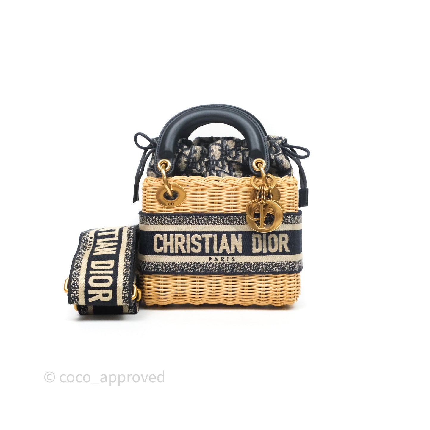 Christian Dior Mini Lady Dior Natural Rattan and Blue Dior Oblique Jacquard