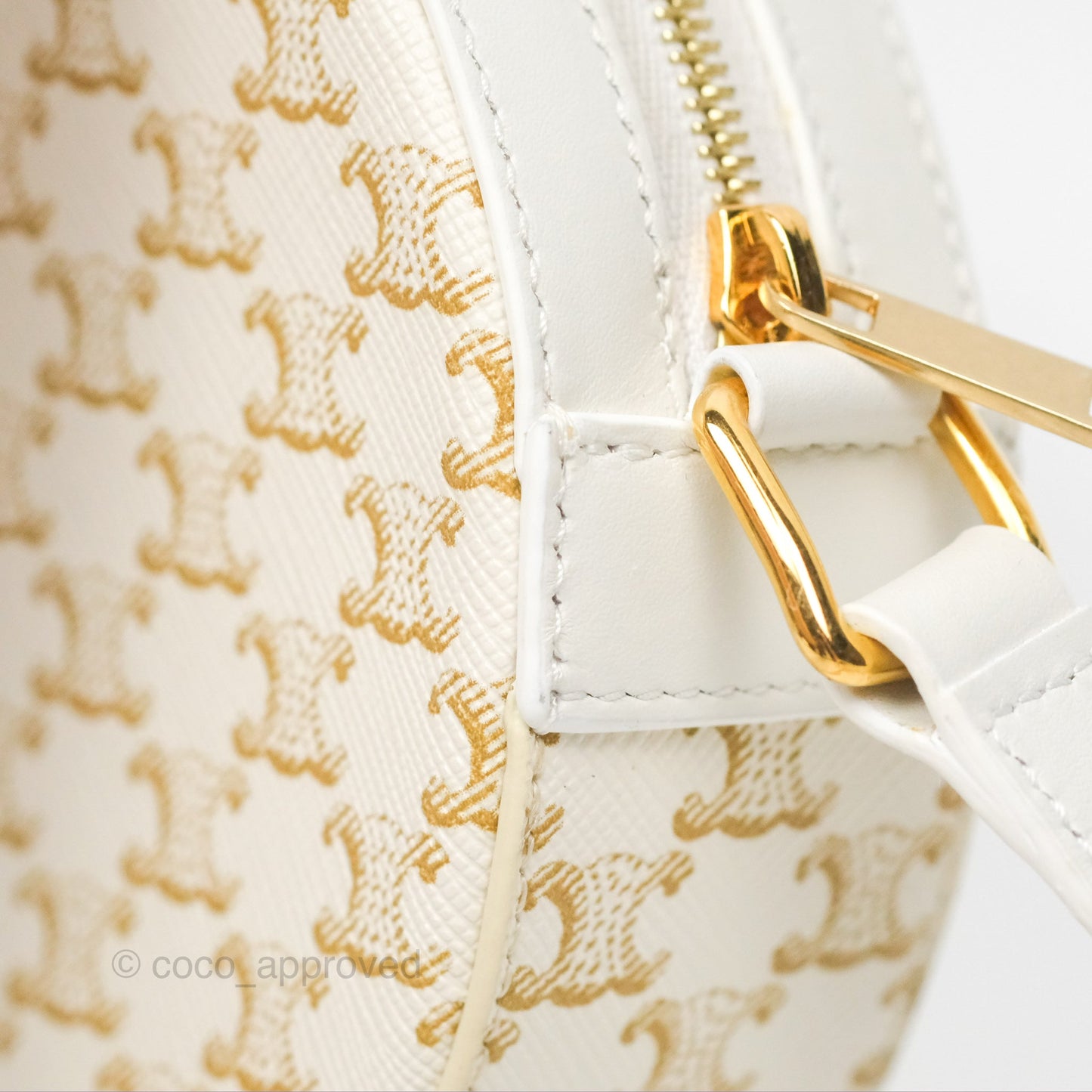 Celine Round Purse on Strap Triomphe Canvas White Calfskin