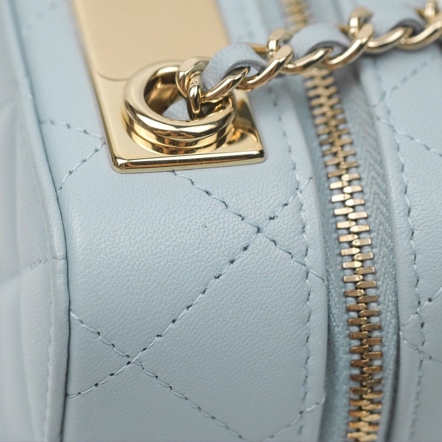 Chanel Mini Quilted Vanity Camera Case Light Blue Lambskin Gold Hardware