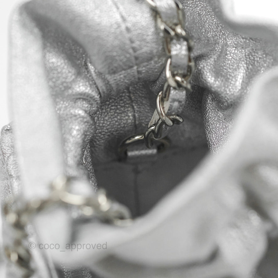 Chanel Mini Drawstring Bucket Bag with Chain Metallic Silver Calfskin Silver Hardware