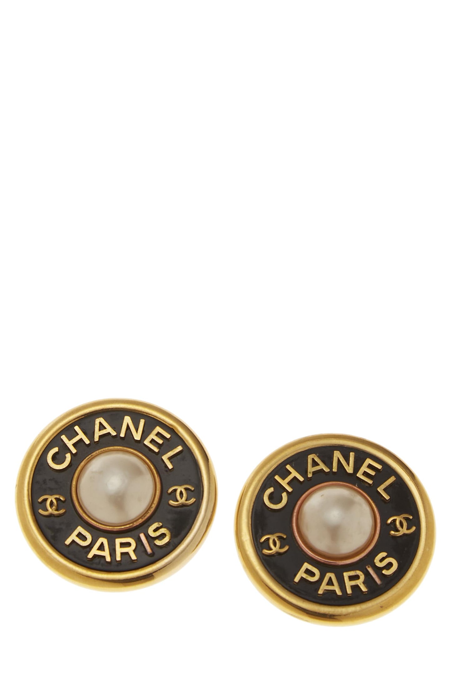 Chanel,  Black & Gold Faux Pearl Round Earrings Large, Gold