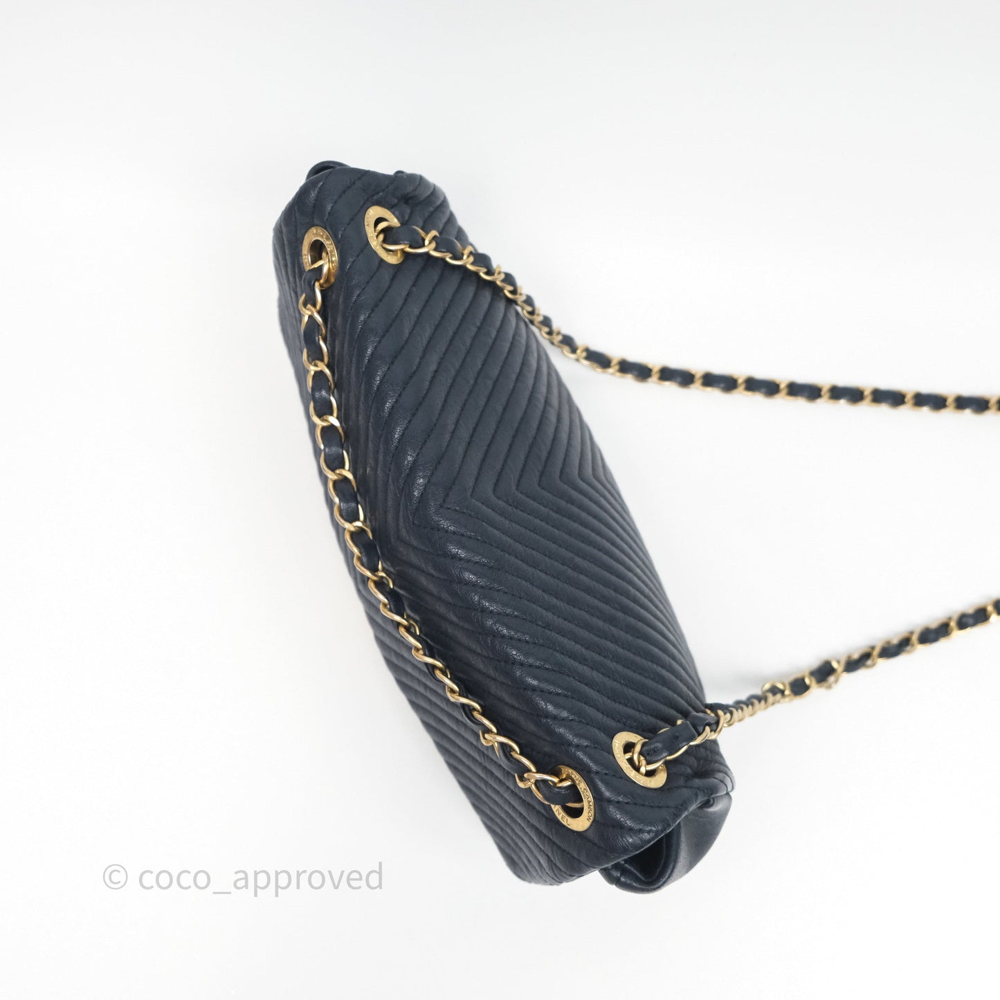Chanel Medium Chevron Surpique Flap Navy Calfskin Aged Gold Hardware