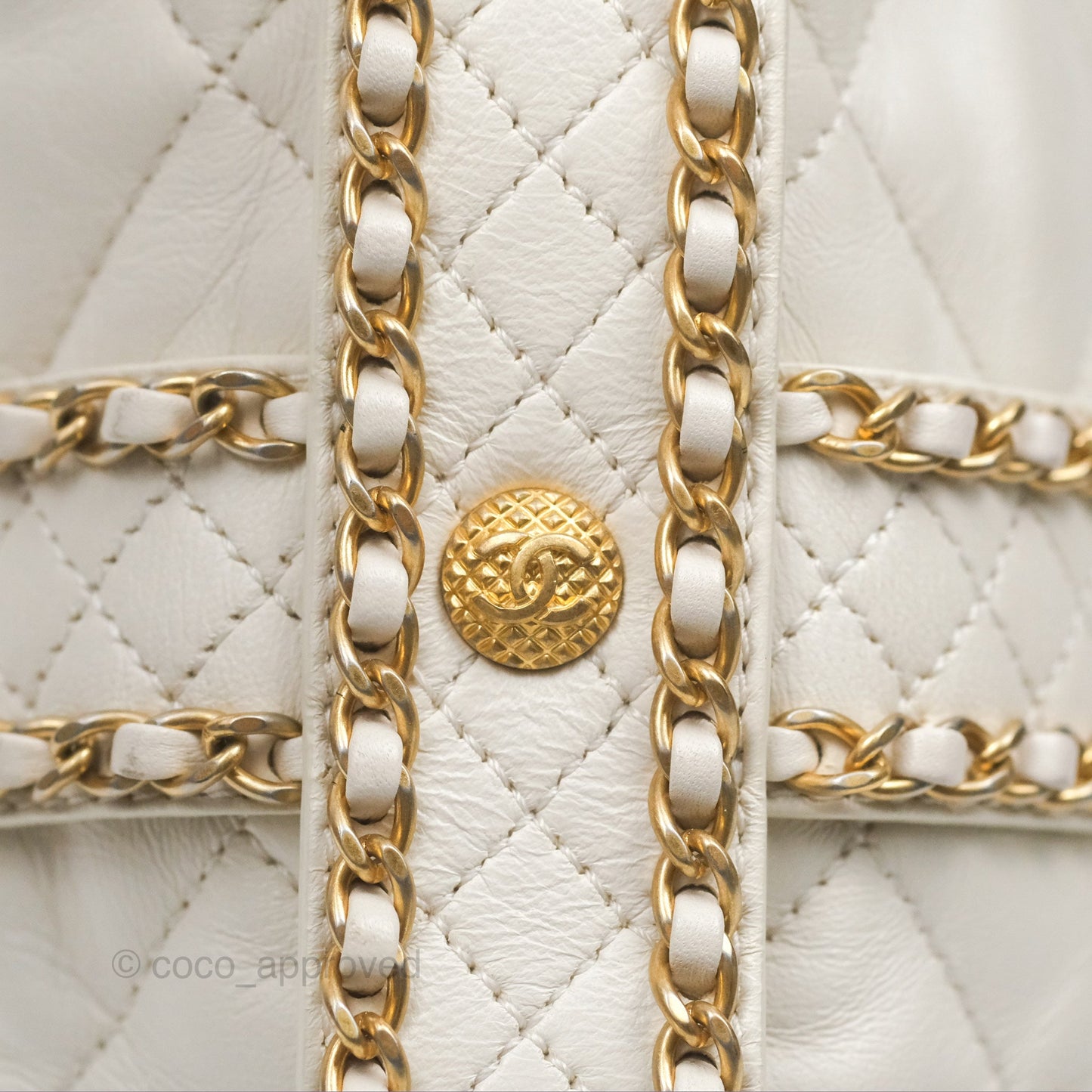 Chanel Quilted Drawstring Bucket Bag Ivory Lambskin Aged Gold Hardware