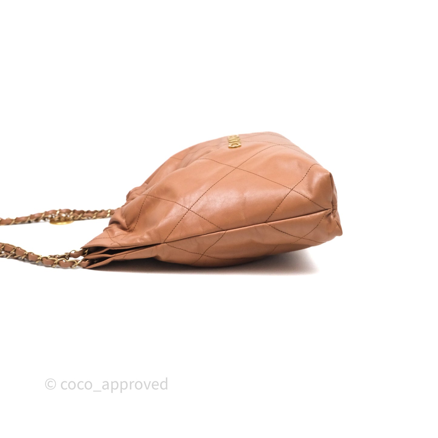 Chanel 22 Small Caramel Beige Shiny Calfskin Aged Gold Hardware
