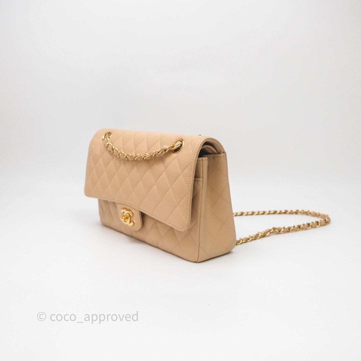 Chanel Classic M/L Medium Flap Quilted Beige Caviar Gold Hardware