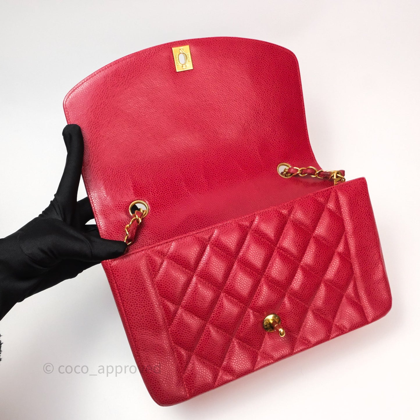 Chanel Medium Vintage Quilted Classic Diana Flap Bag Red Caviar 24K Gold Hardware