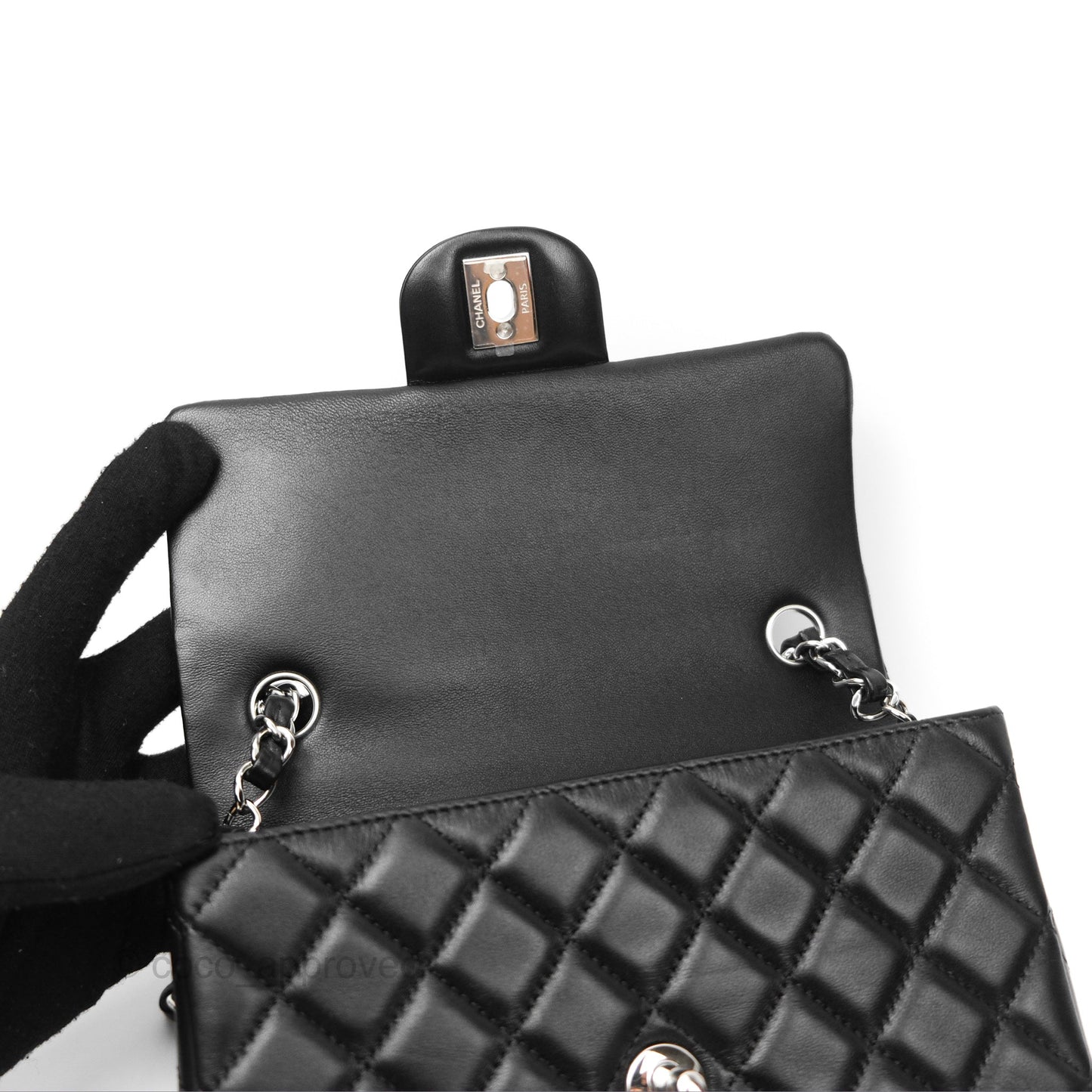 Chanel Quilted Mini Rectangular Black Lambskin Silver Hardware
