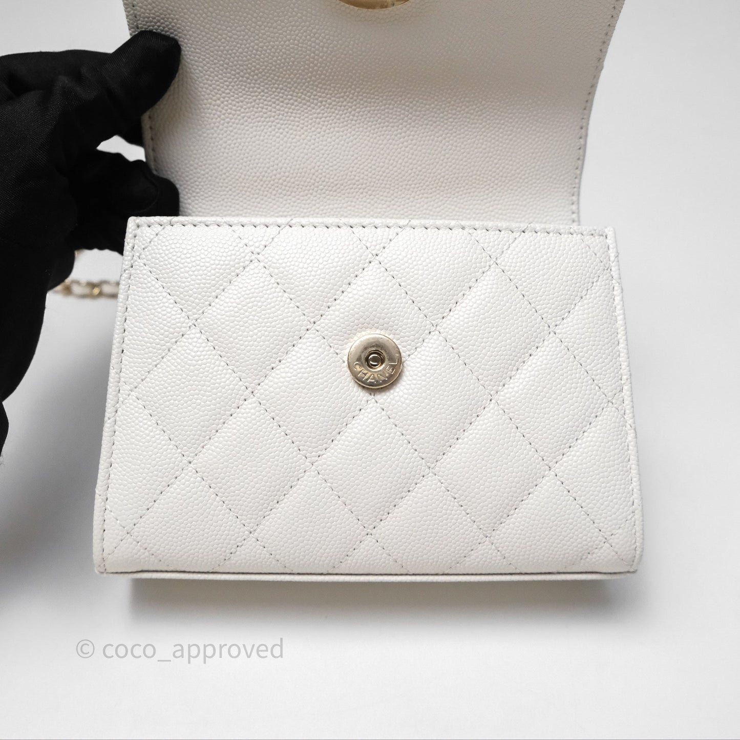 Chanel Small Top Handle Clutch with Chain White Caviar Light Gold Hardware 23P