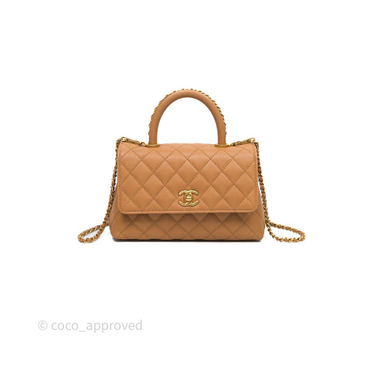 Chanel Small Coco Handle with Chain Handle Beige Caviar Aged Gold Hardware 23P