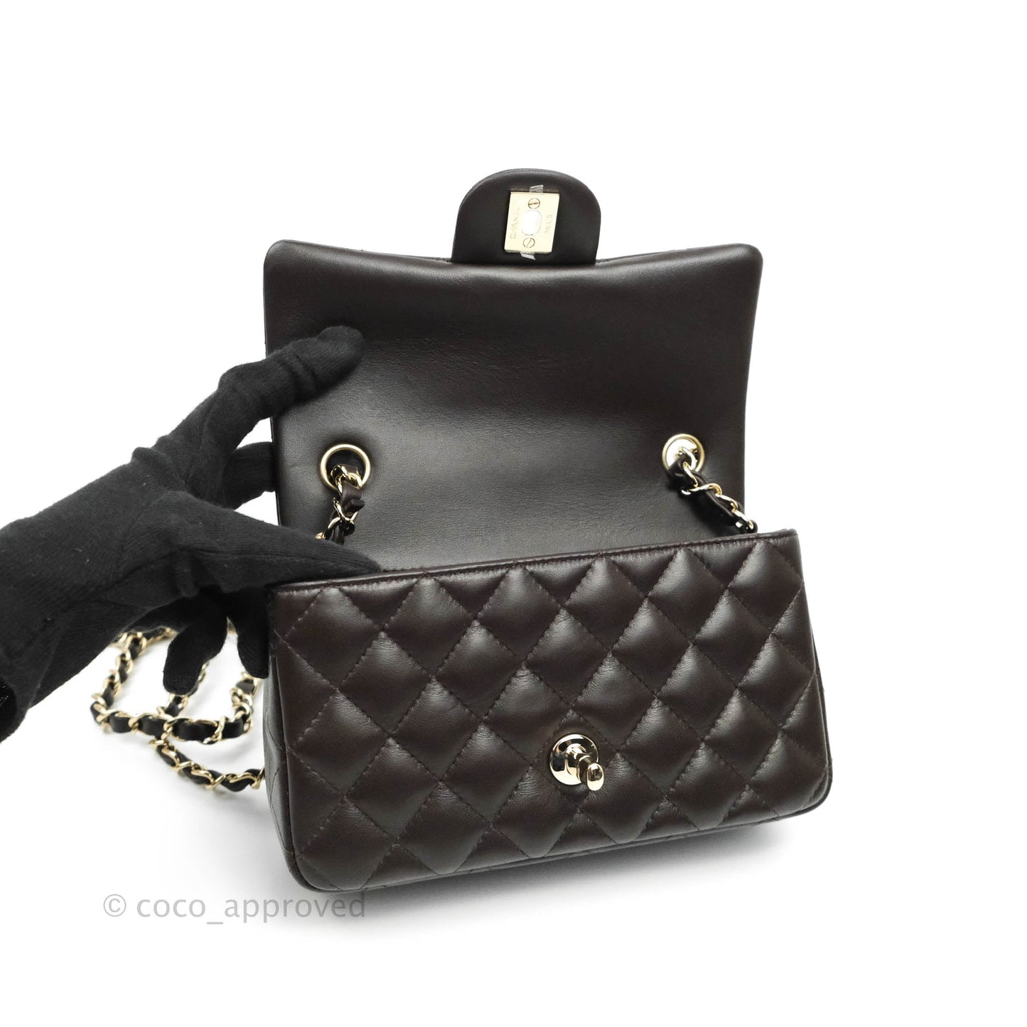 Chanel Quilted Mini Rectangular Lambskin Chocolate Brown Gold Hardware