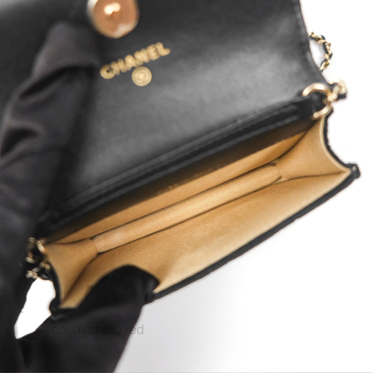Chanel Crystals Pearl Crush Mini Belt Bag with Chain Black Velvet Gold Hardware