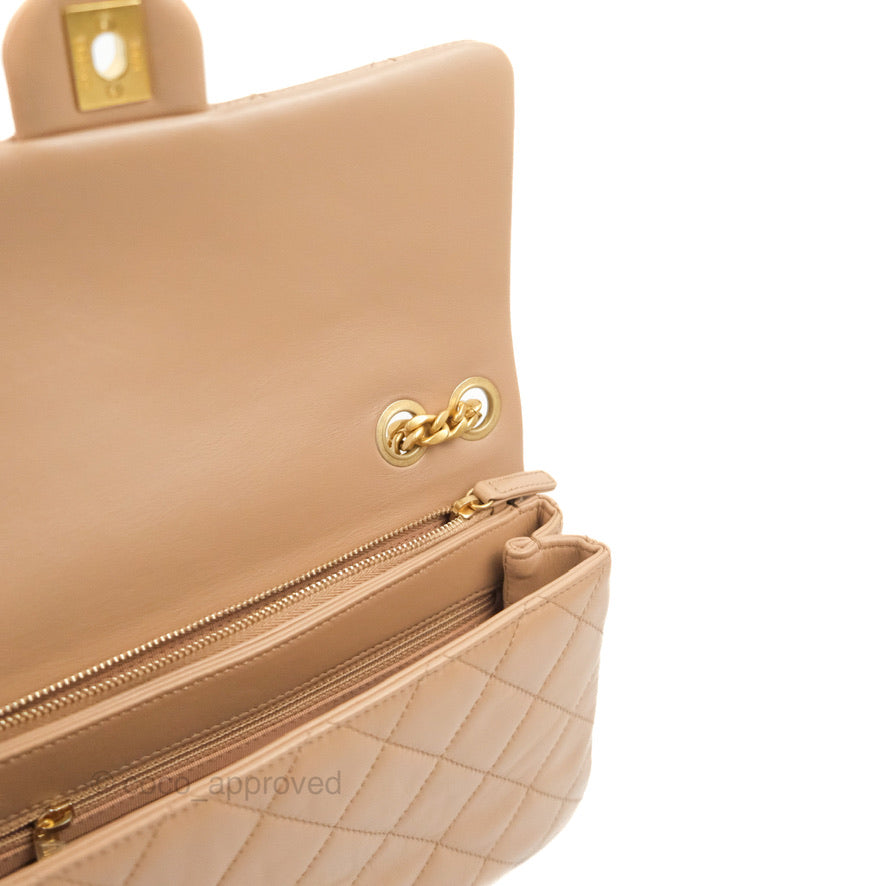 Chanel Flap Bag with Adjustable Strap Beige Lambskin Aged Gold Hardware 22K