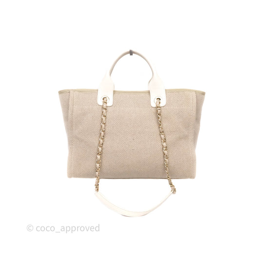 Chanel New Small Deauville Tote Beige Canvas Gold Hardware