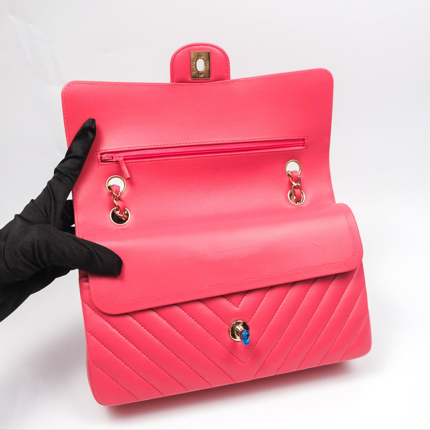 Chanel Medium Classic Flap Chevron Pink Lambskin Gold Hardware